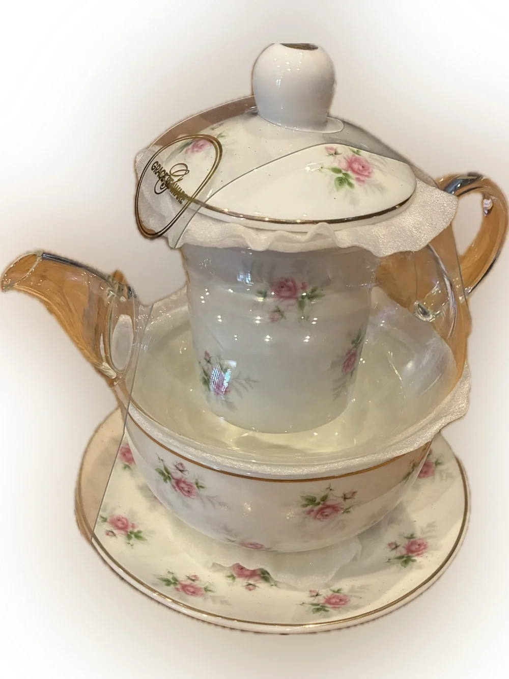 Floral Porcelain Tea-for-One Set with Glass Teapot - Pink Rose